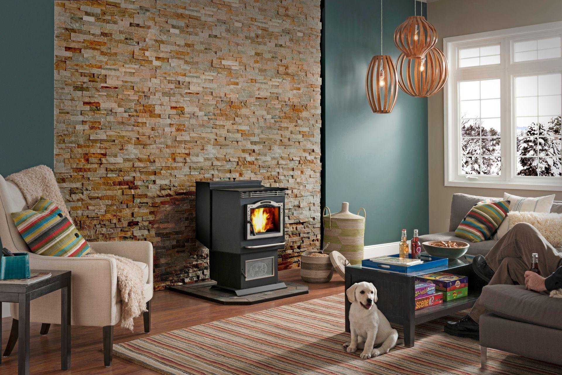 Harman pellet stove against a stacked-stone wall in a living room, a puppy on the rug